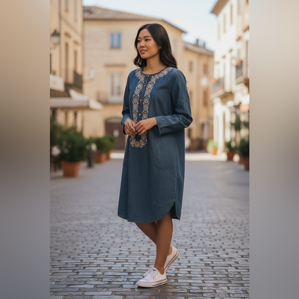 3/$30 ☀️ J.Jill Dress Blue Boho Hippie Embroidered Denim Jean Dress